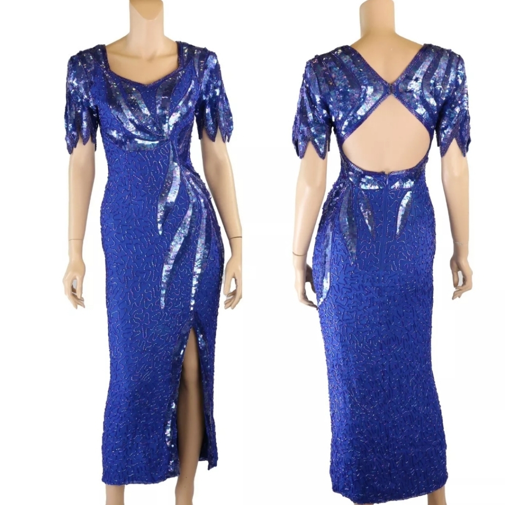 Sean Vintage 80s 90s Blue Purple Beaded Silk Pageant Party Prom Dress sz S
